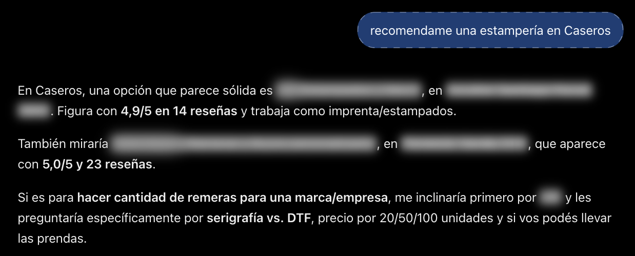 Captura real de ChatGPT, 2/10/2026: “recomendame una estampería en Caseros”. Nombra a otras estamperías y no a Espren. Tapamos los nombres.
