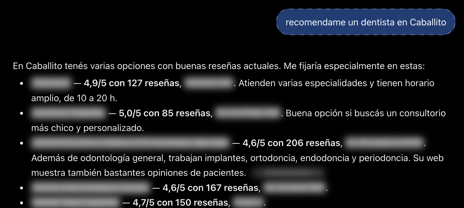Respuesta real de ChatGPT a “recomendame un dentista en Caballito”
